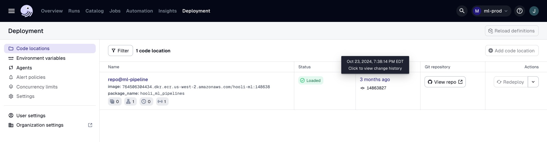 Screenshot highlighting the "Updated" column for a project/code location